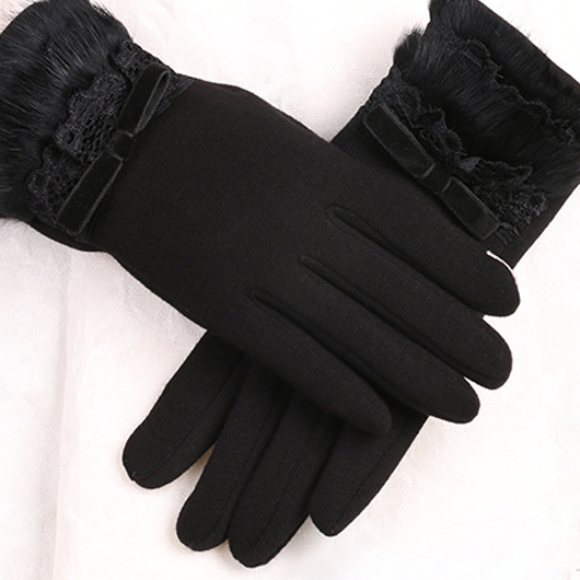 Black Wrist Warming Bowknot Full Finger Gloves