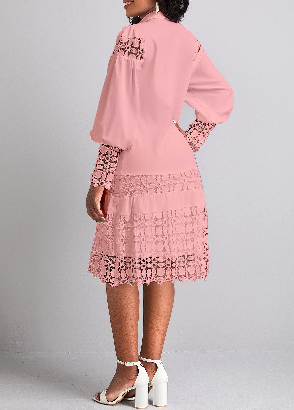 Lace Light Pink Long Sleeve Shirt Collar Shift Dress