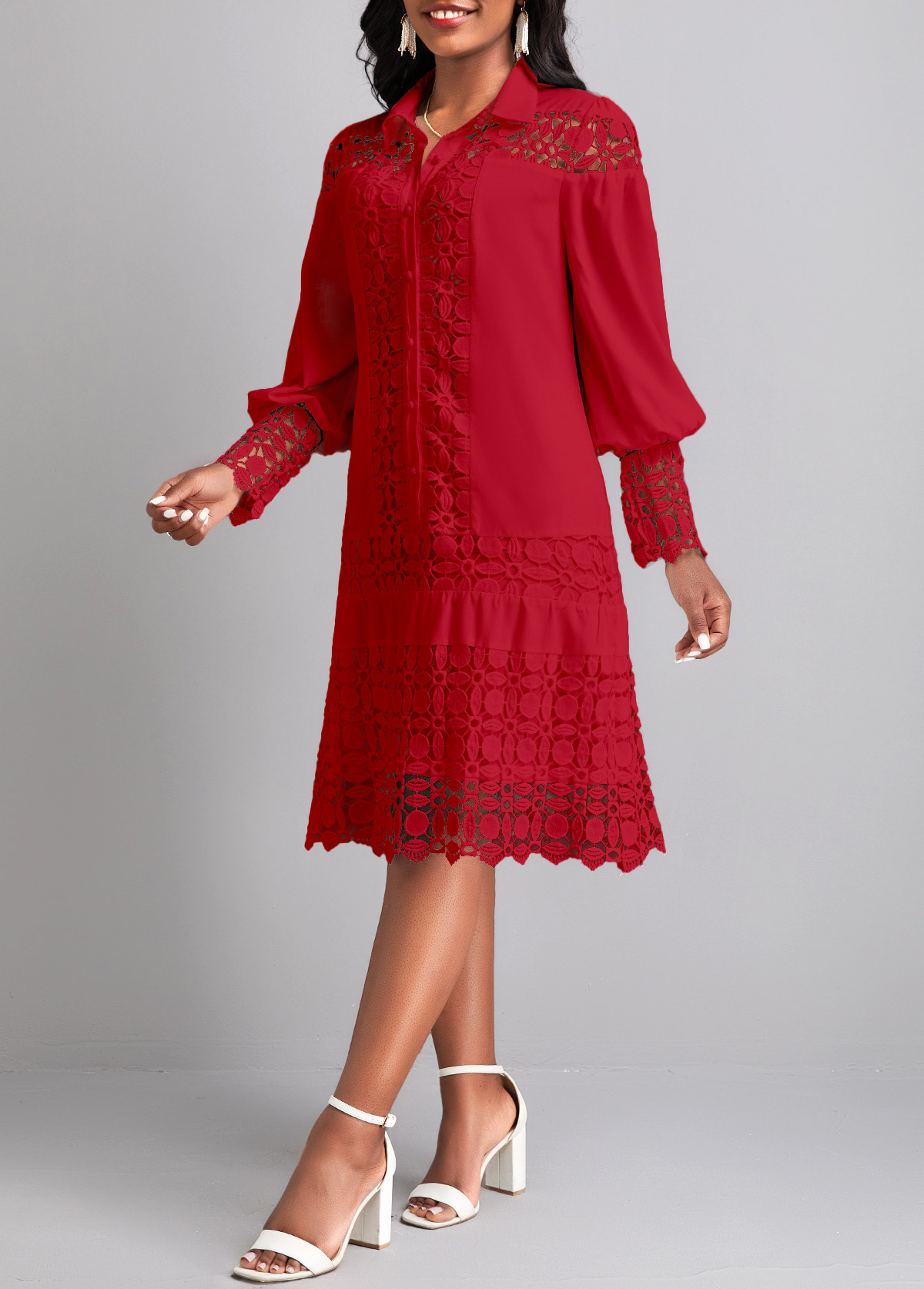 Lace Wine Red Long Sleeve Shirt Collar Shift Dress