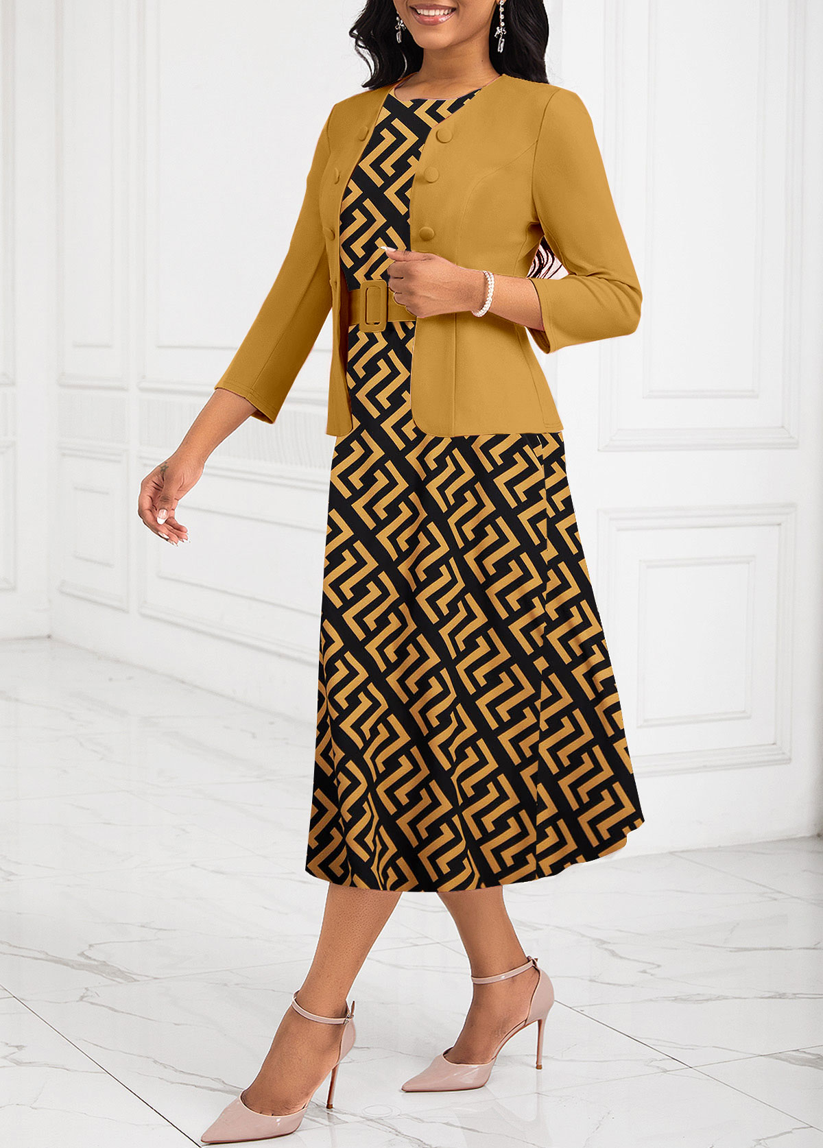Plus Size Ginger Two Piece Geometric Print Belted Dress