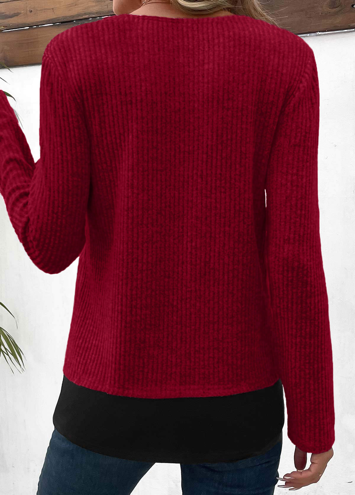 Fake 2in1 Wine Red Round Neck Blouse