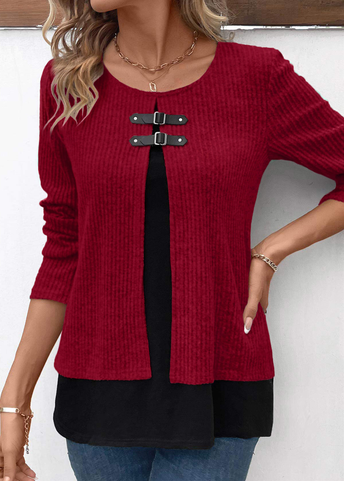Fake 2in1 Wine Red Round Neck Blouse