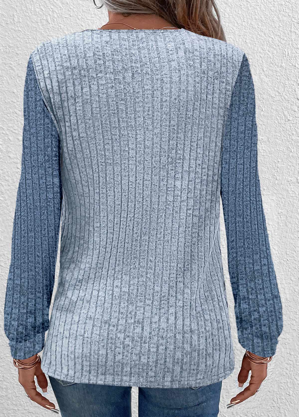 Patchwork Dusty Blue Long Sleeve Round Neck Sweatshirt