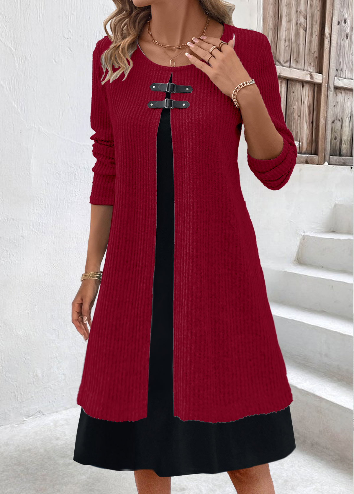 A Line Fake 2in1 Wine Red Dress