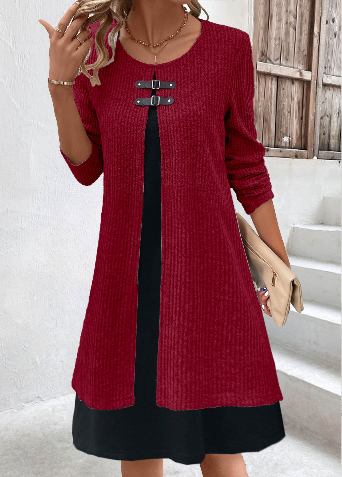 A Line Fake 2in1 Wine Red Dress