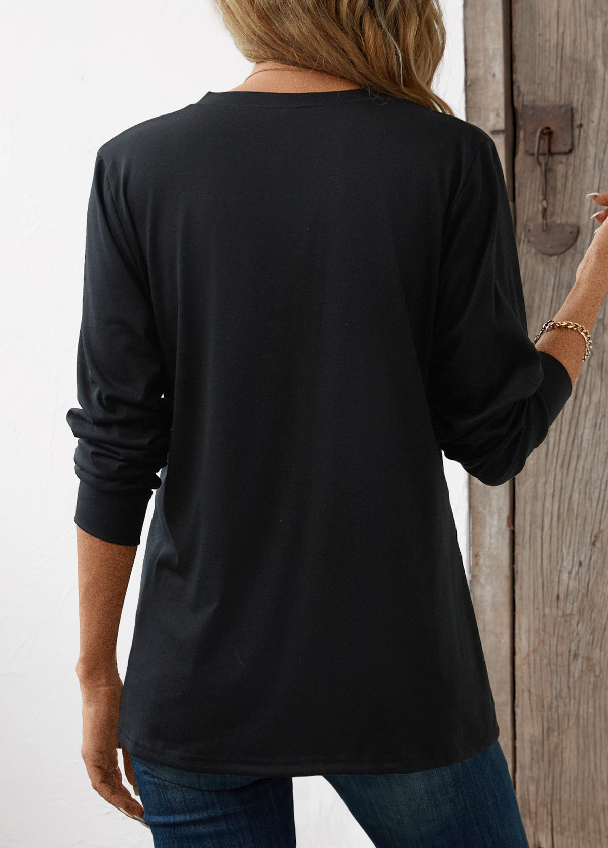 Button Black Long Sleeve Split Neck T Shirt