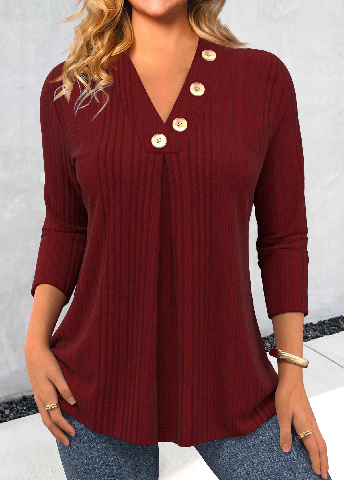 Button Wine Red Long Sleeve V Neck T Shirt