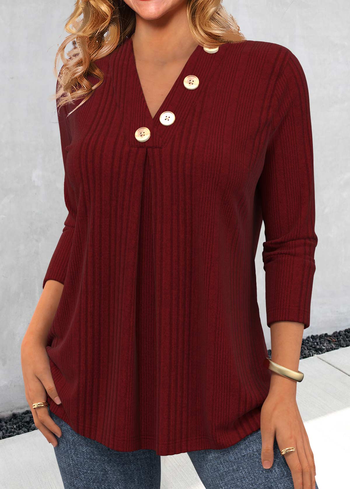 Button Wine Red Long Sleeve V Neck T Shirt