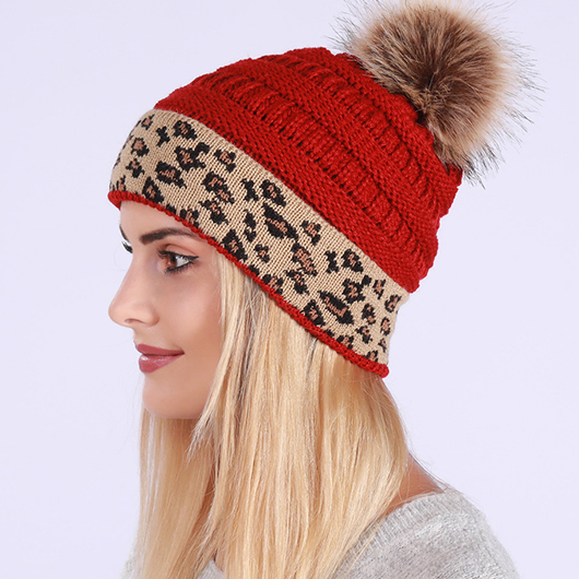 Leopard Puff Ball Red Beanie Hat