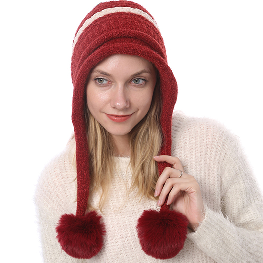 Striped Wine Red Plush Knitted Hat
