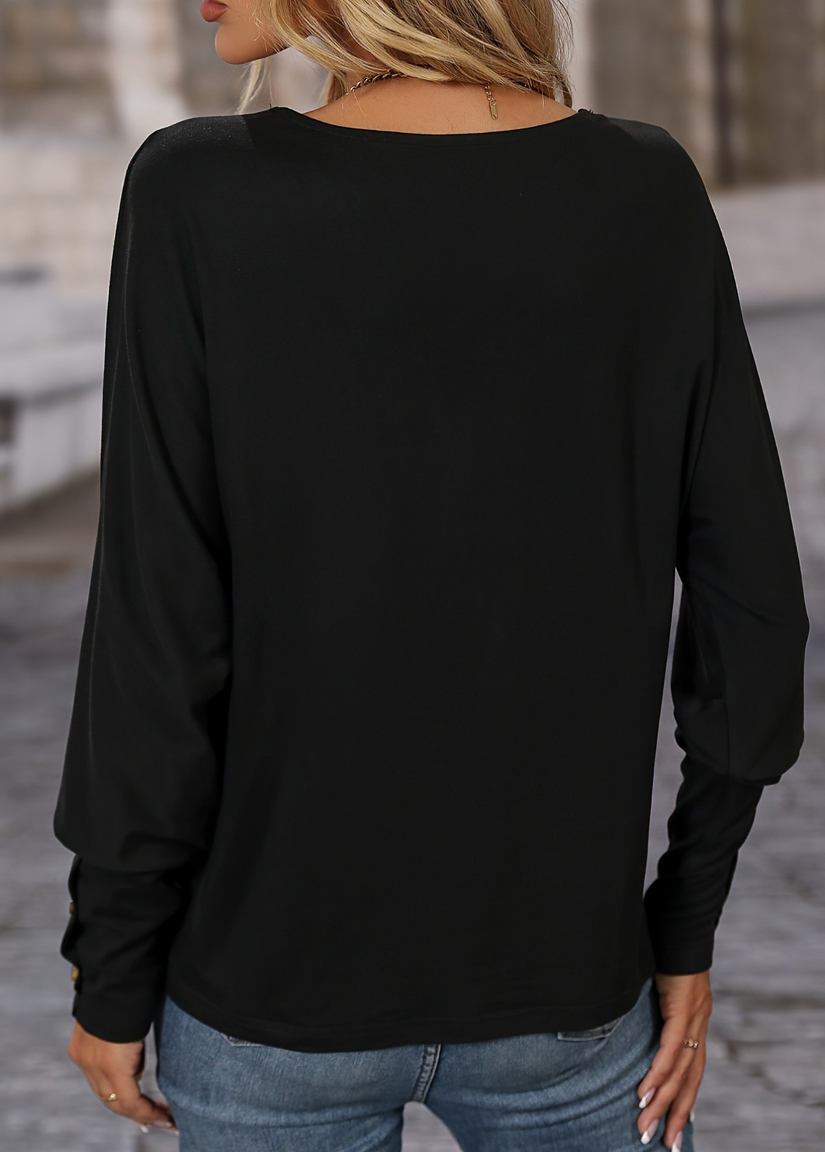 Button Black Long Sleeve V Neck T Shirt