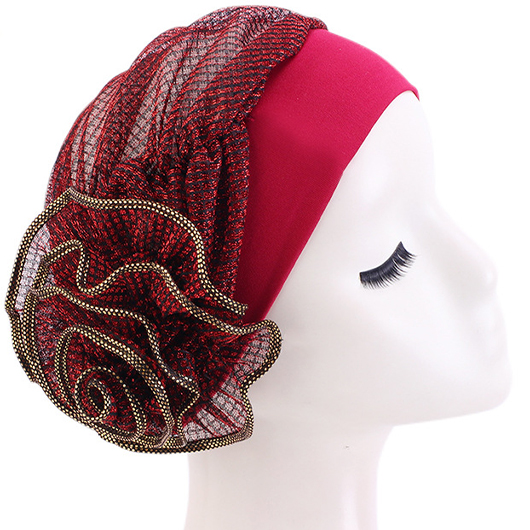 Flower Design Wine Red Turban Hat