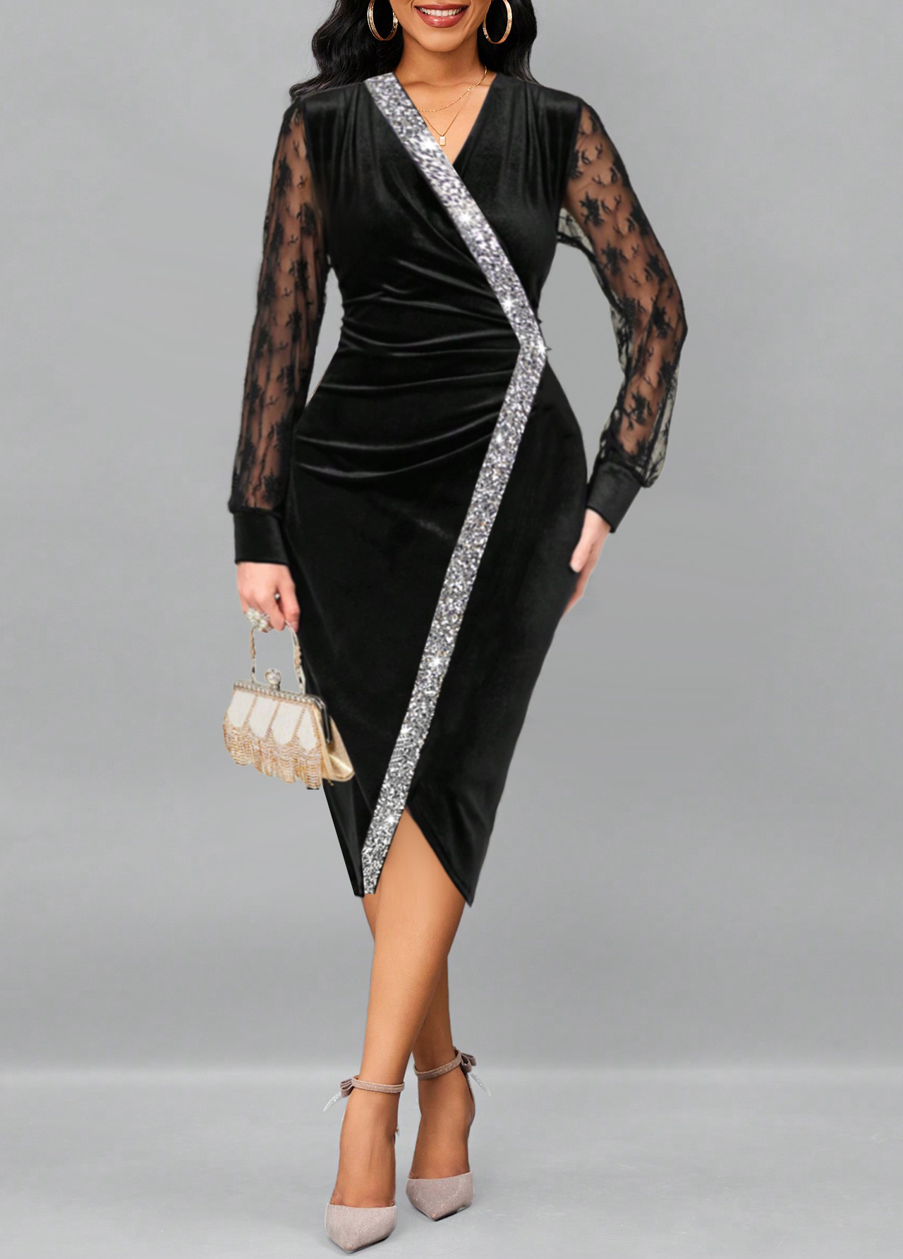 Sequin Black Long Sleeve V Neck Dress