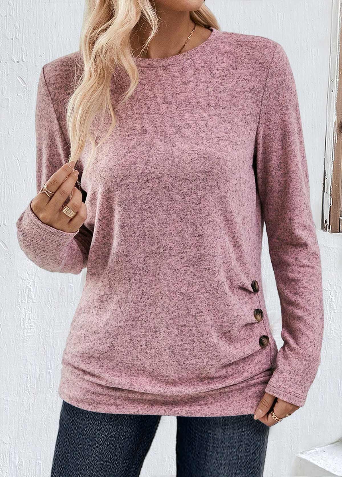 Button Pink Long Sleeve Round Neck T Shirt