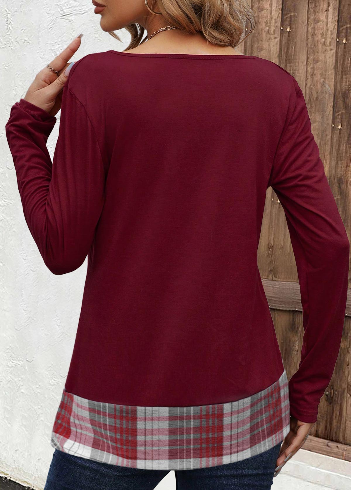 Plaid Patchwork Deep Red Long Sleeve Asymmetrical Neck Sweatshirt
