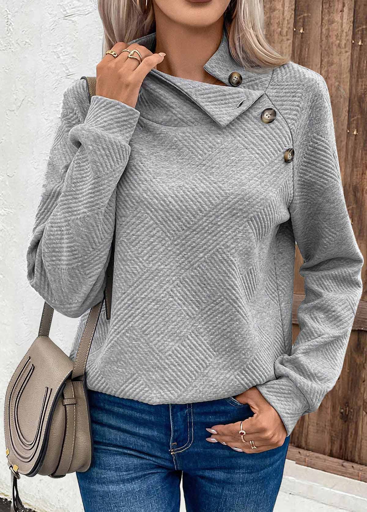 Button Grey Long Sleeve Turtleneck Sweatshirt