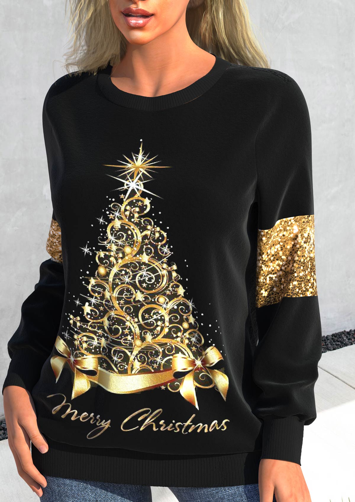 Christmas Tree Print Sequin Black Long Sleeve Sweatshirt