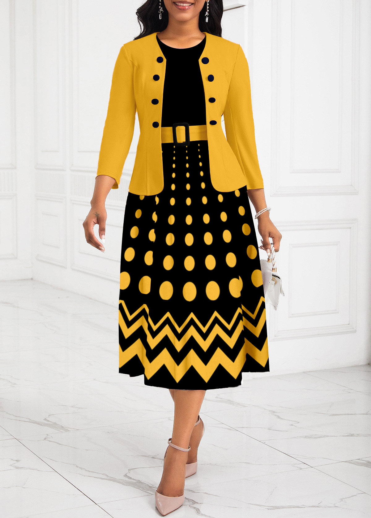 Ombre Two Piece Belted Yellow Round Neck Dress