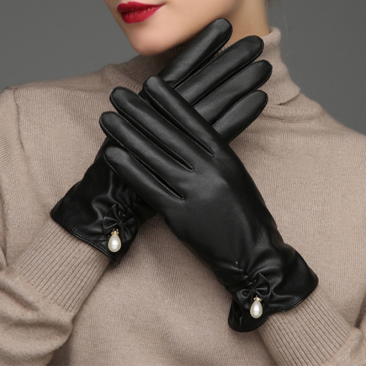 Black Wrist Pearl Detail Warming Full Finger Gloves
