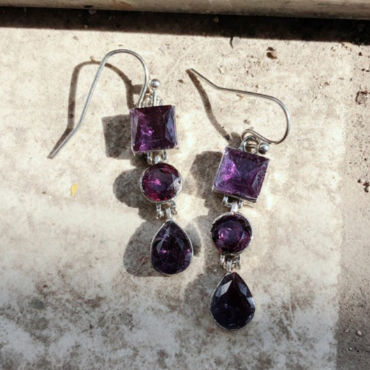 Purple Alloy Detail Hot Drilling Earrings