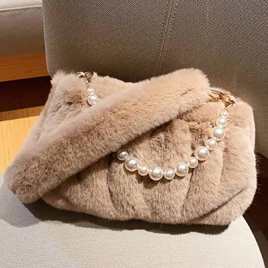 Dark Camel Zip Pearl Shoulder Bag