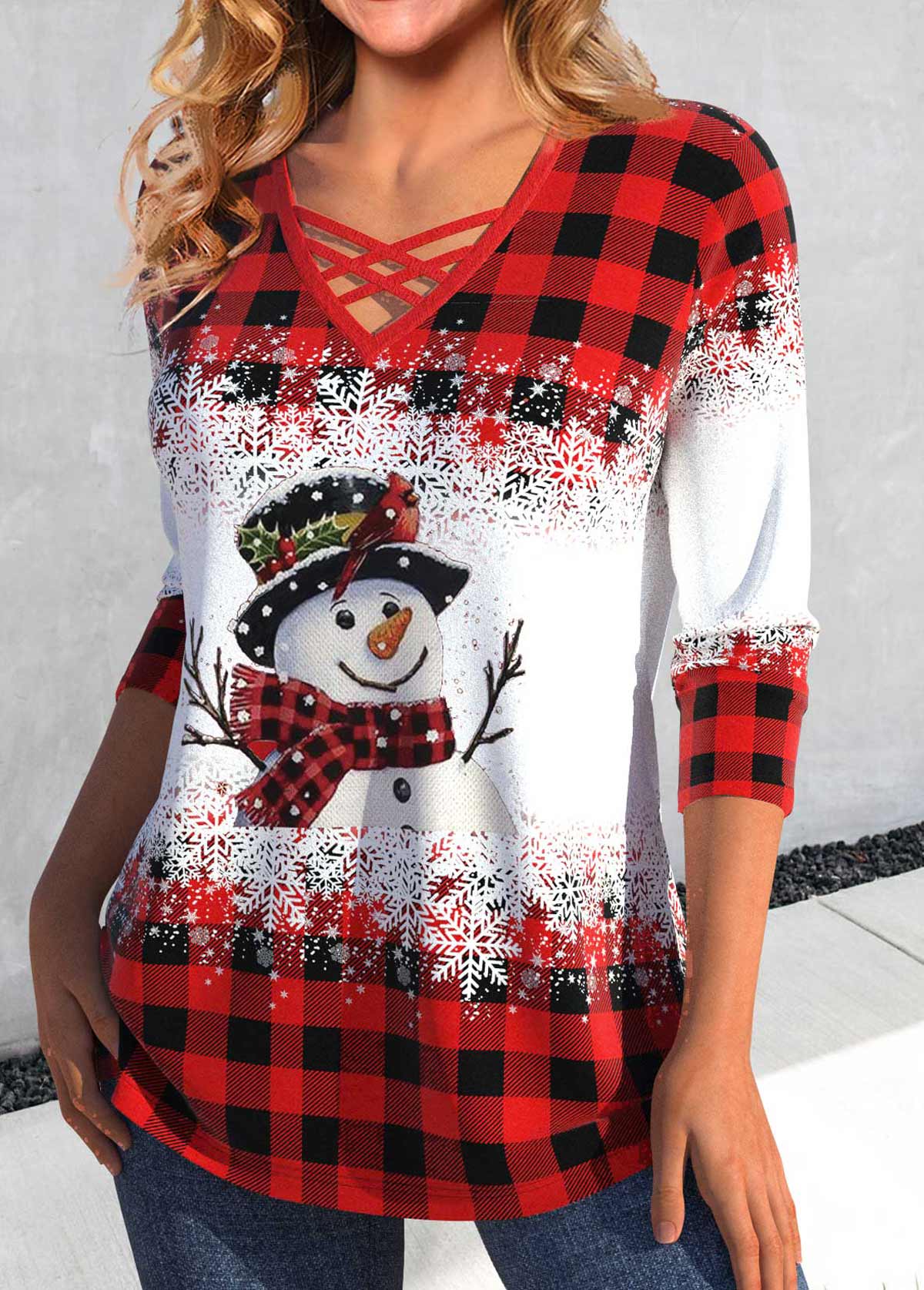 Plus Size Red Criss Cross Snowman Print T Shirt