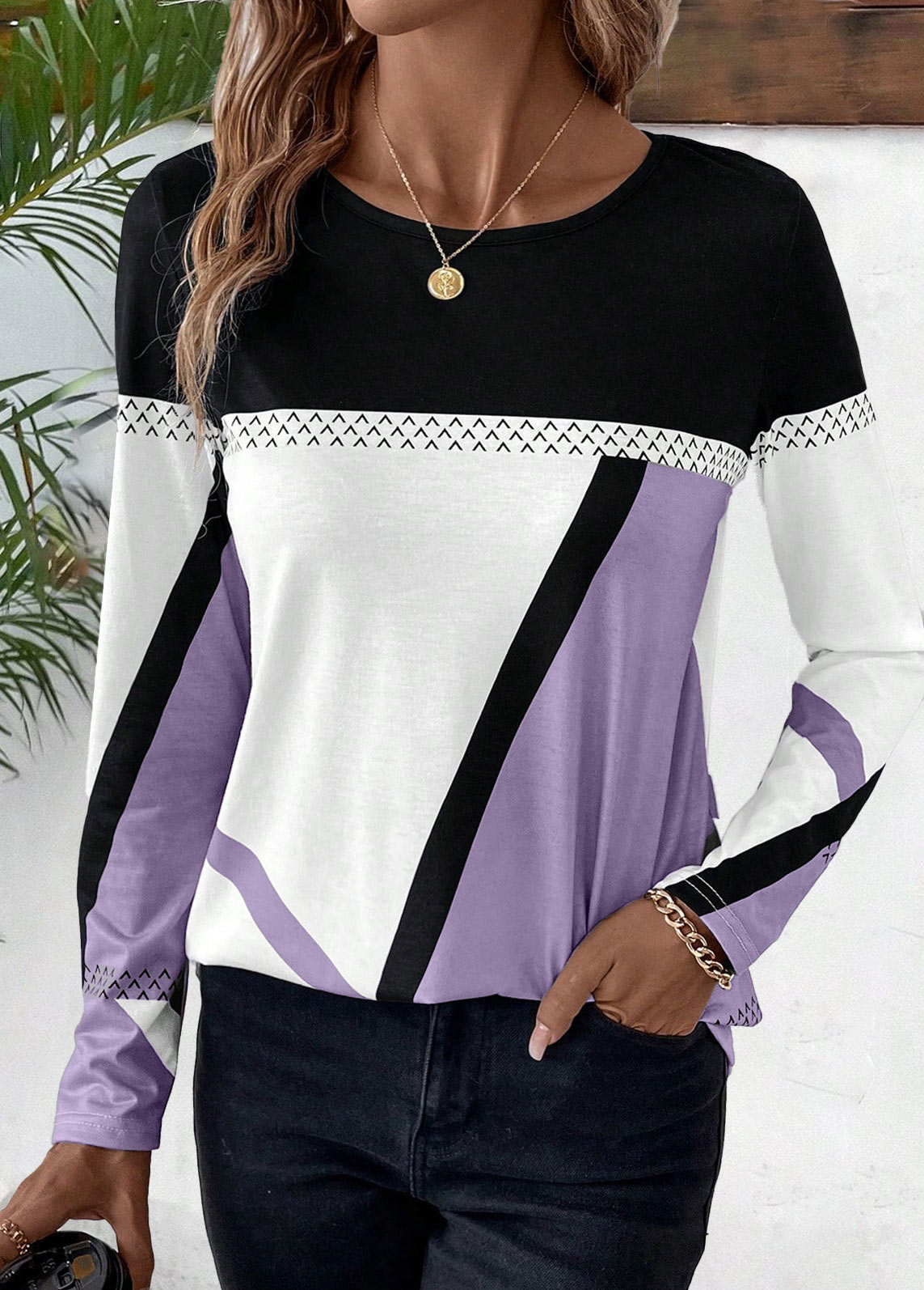 Plus Size Light Purple Patchwork Geometric Print T Shirt