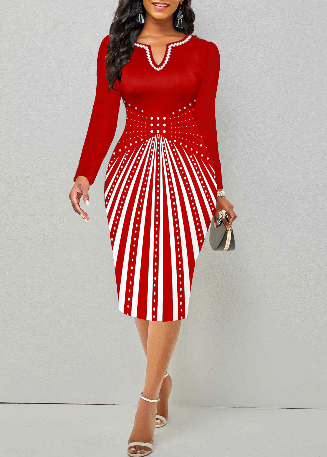 Geometric Print Split Red Long Sleeve Bodycon Dress