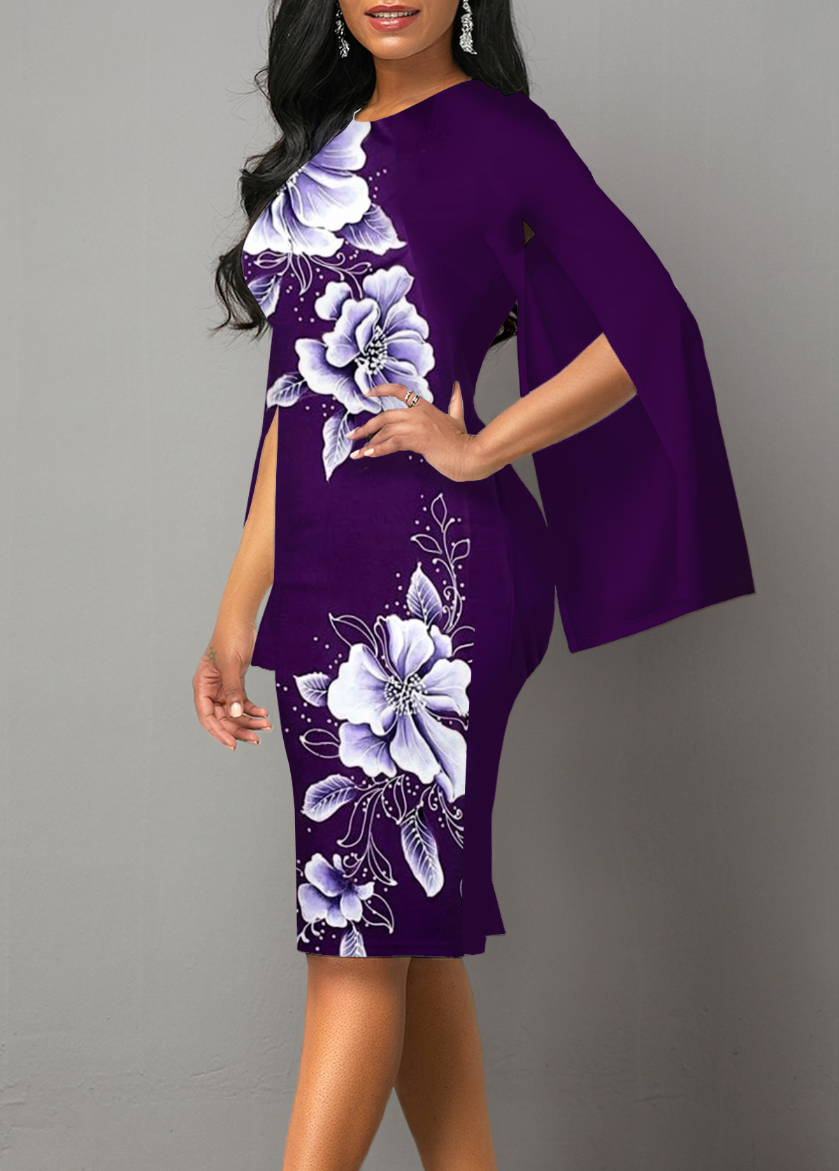 Floral Print Split Purple Long Sleeve Bodycon Dress