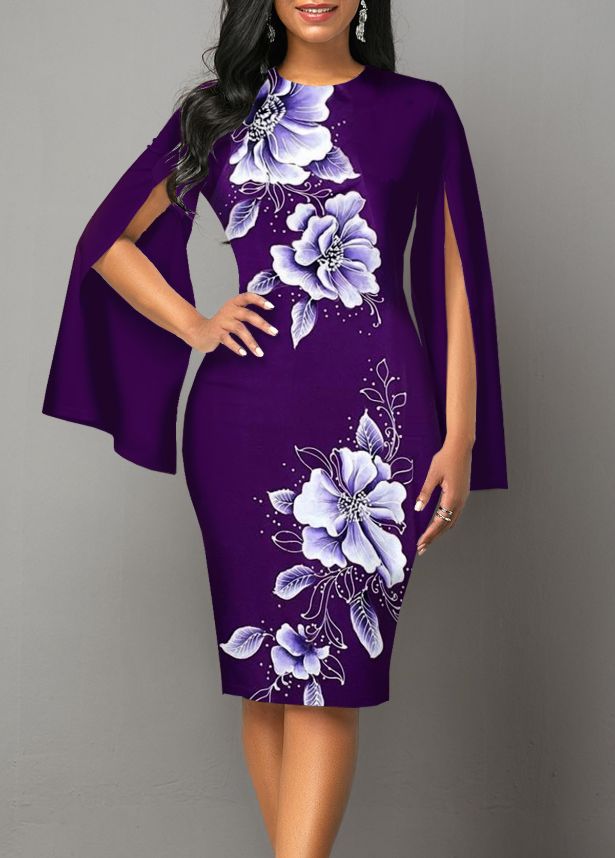 Floral Print Split Purple Long Sleeve Bodycon Dress