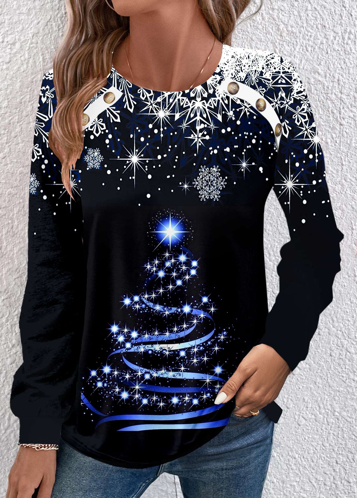 Christmas Tree Print Button Black Long Sleeve Sweatshirt