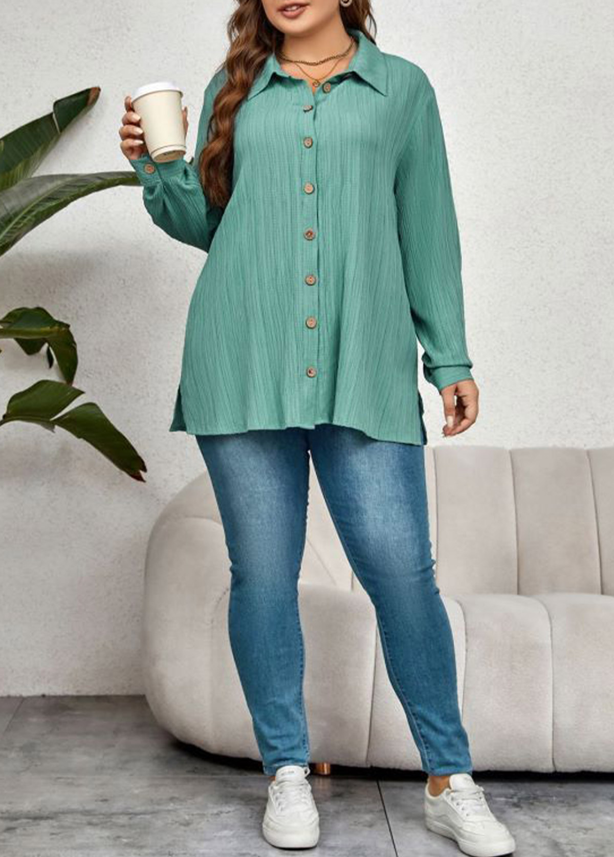 Mint Green Plus Size Button Long Sleeve Blouse USD 34.98