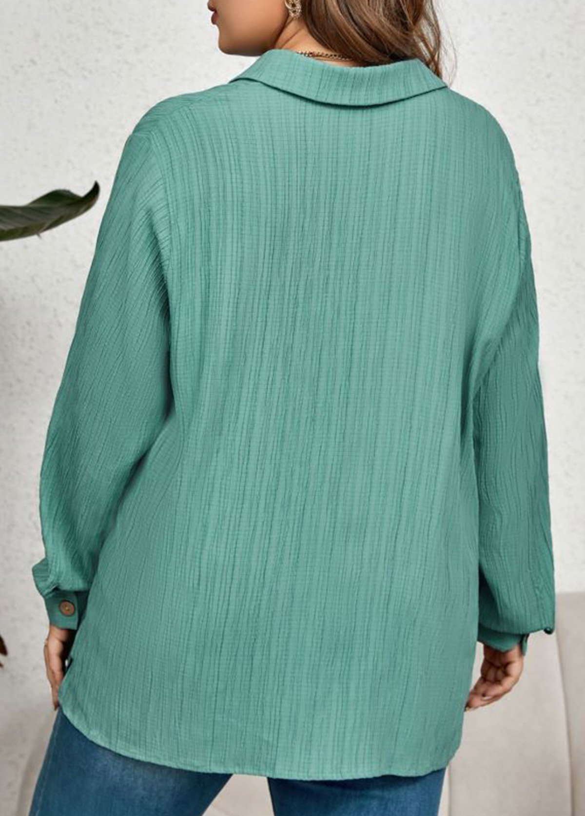 Mint Green Plus Size Button Long Sleeve Blouse USD 34.98