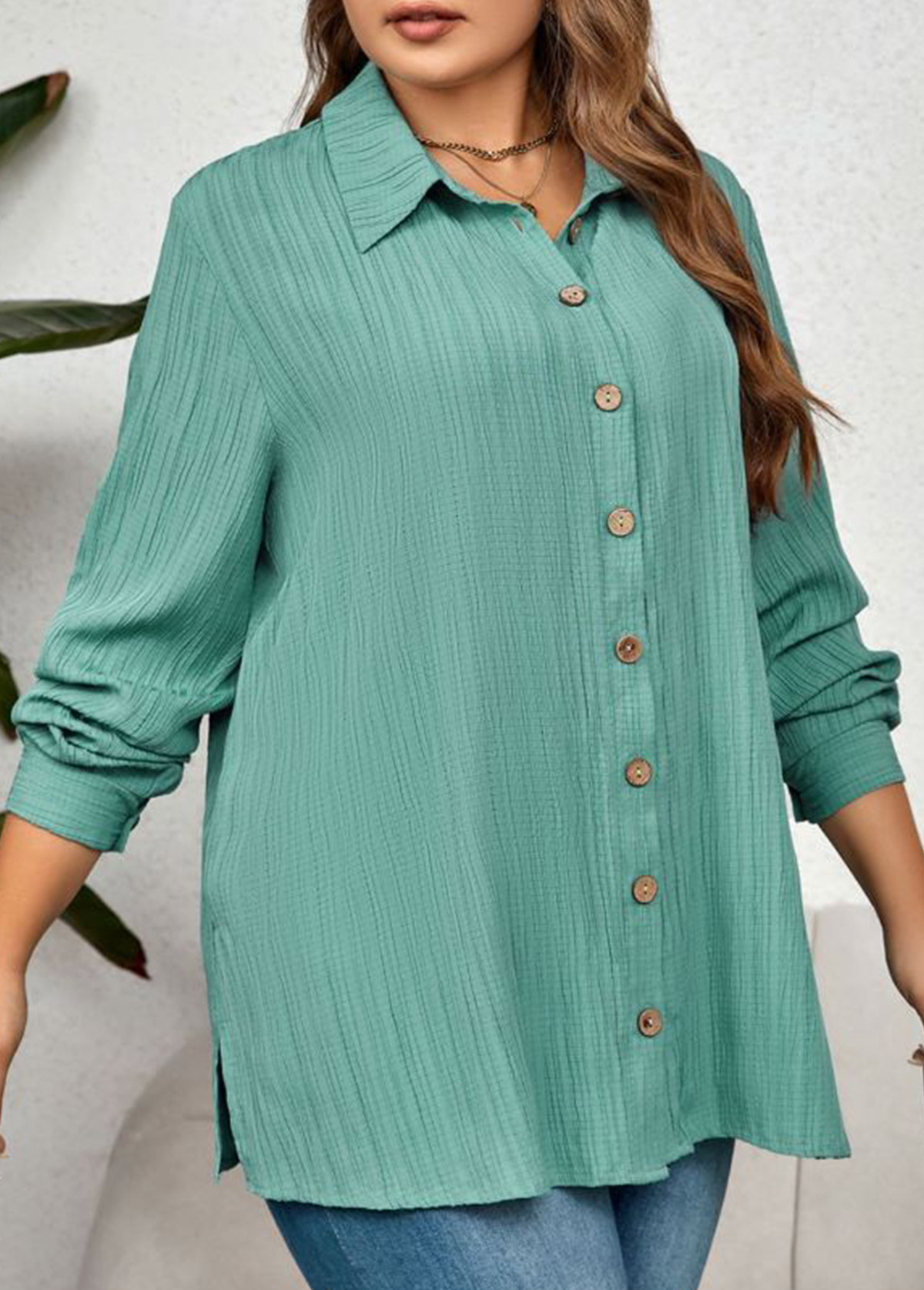 Mint Green Plus Size Button Long Sleeve Blouse