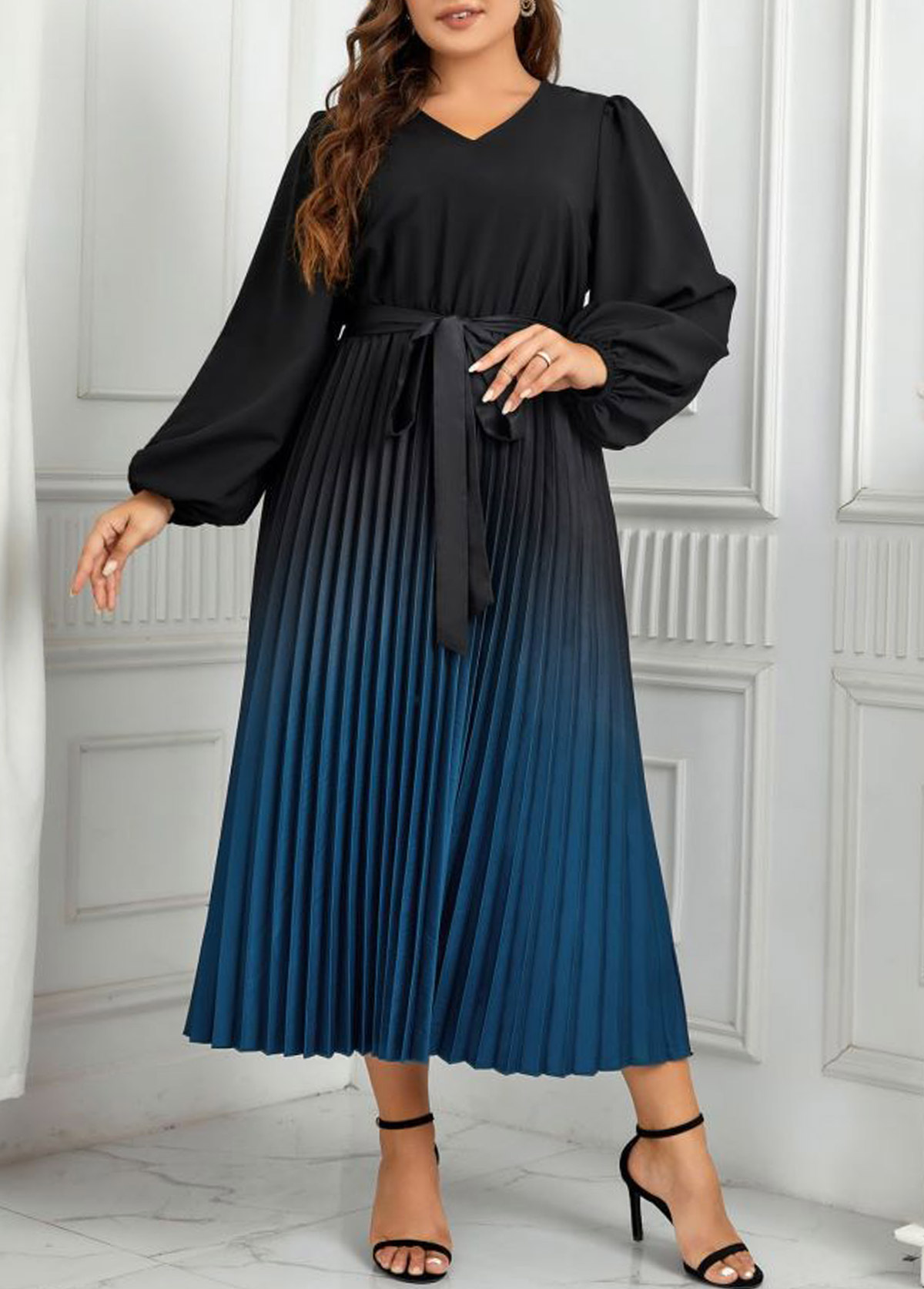 Peacock Blue Plus Size Pleated Ombre Belted Dress