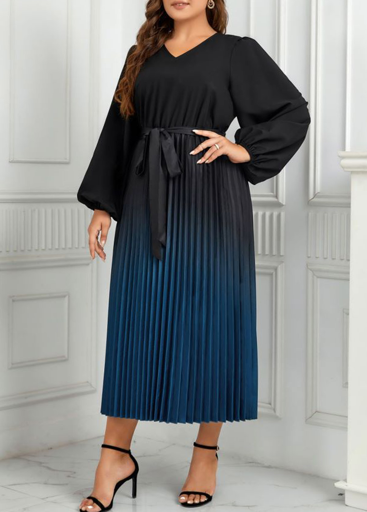 Peacock Blue Plus Size Pleated Ombre Belted Dress