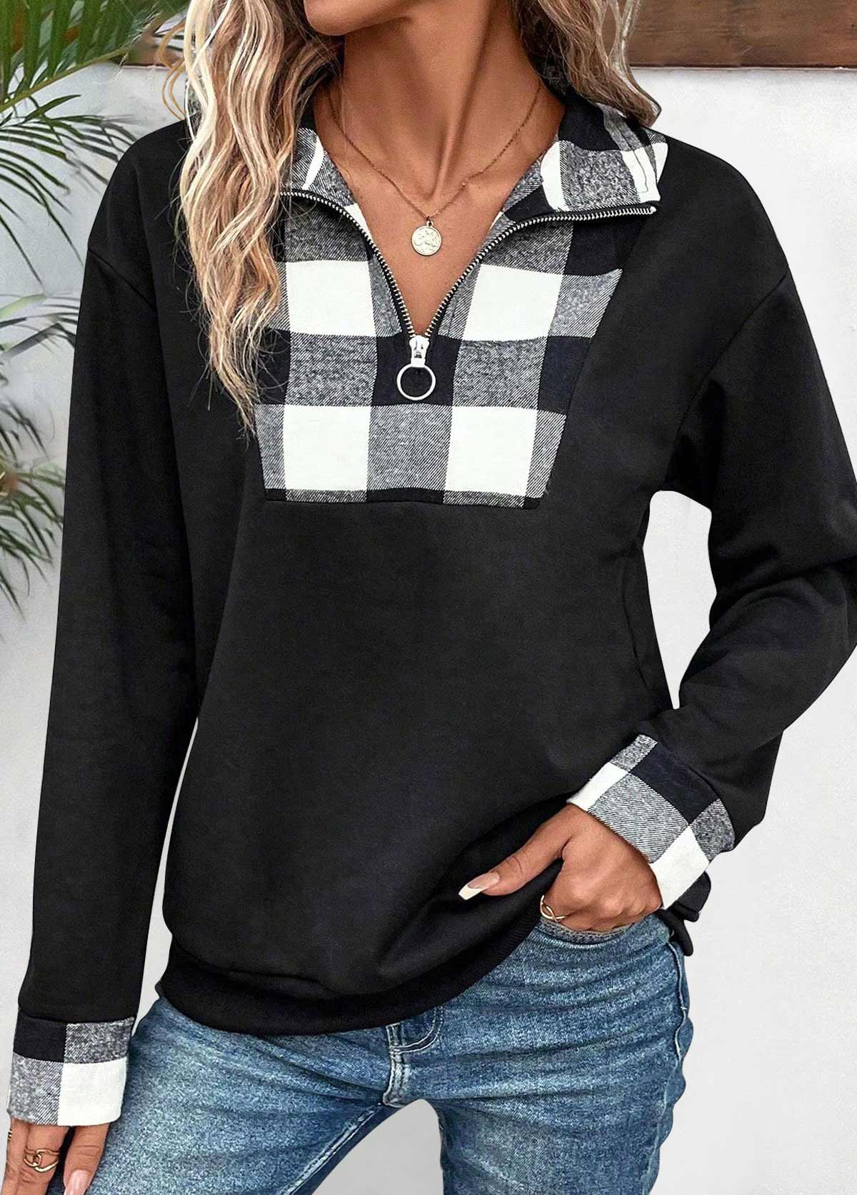 Plaid Patchwork Black Long Sleeve Turn Down Collar Sweatshirt