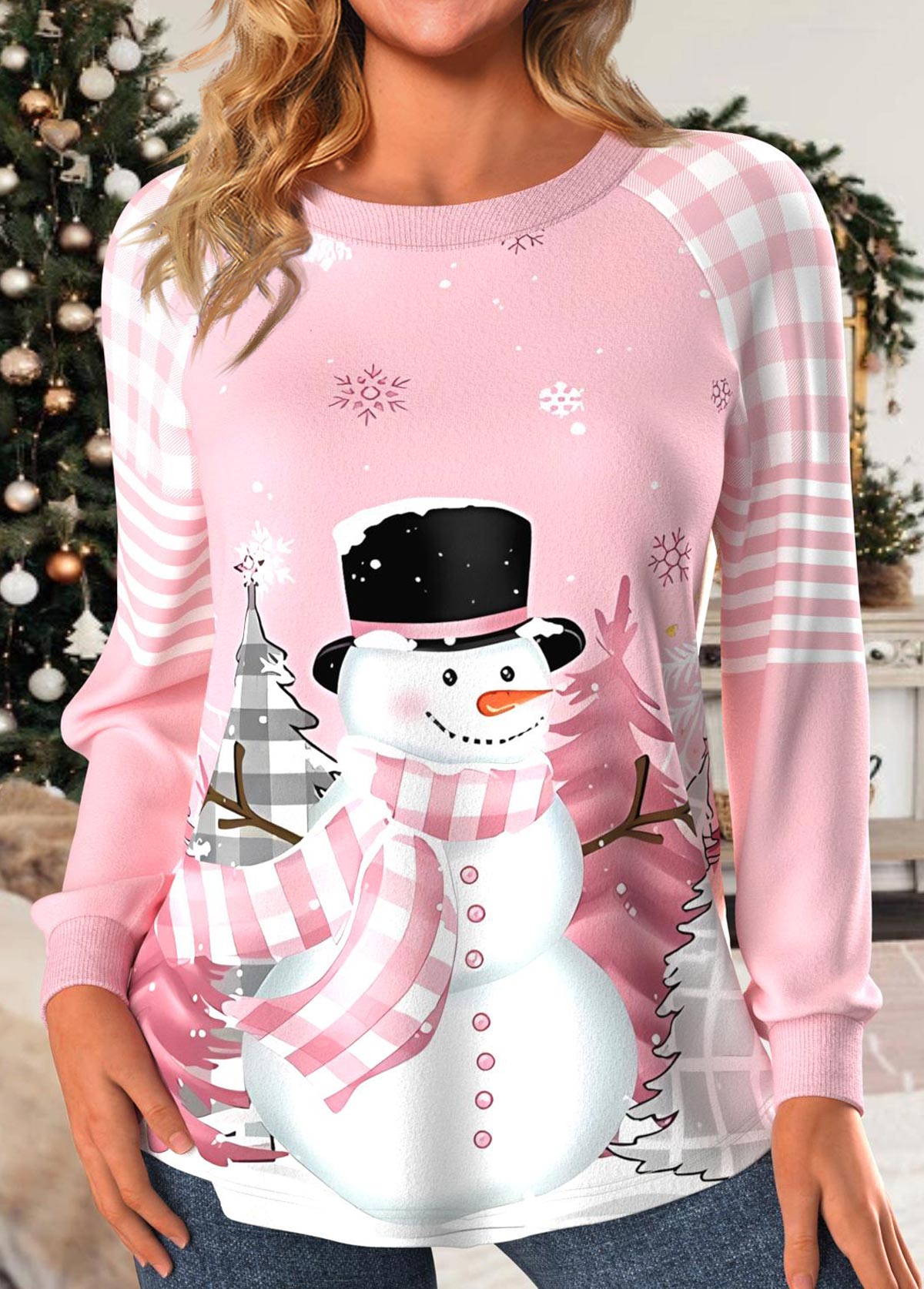 Snowman Print Patchwork Light Pink Long Sleeve Sweatshirt