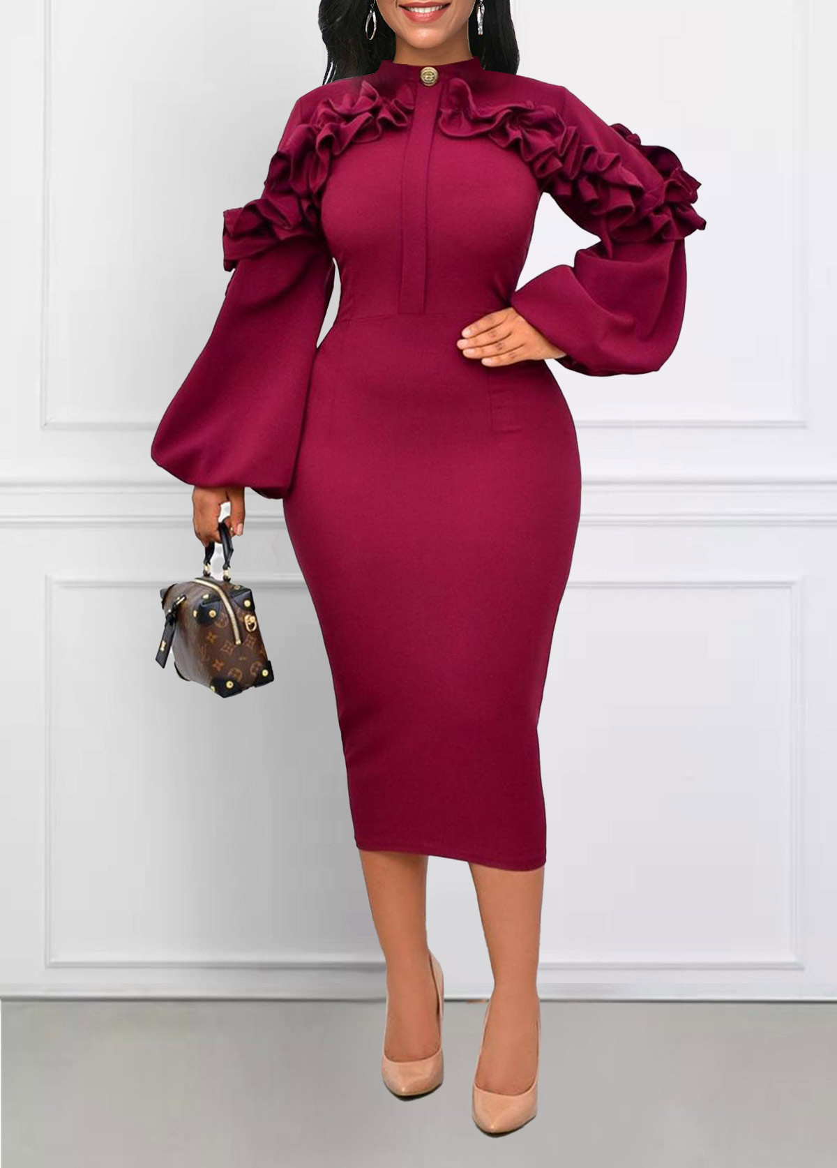 Frill Stand Collar Wine Red Bodycon Dress