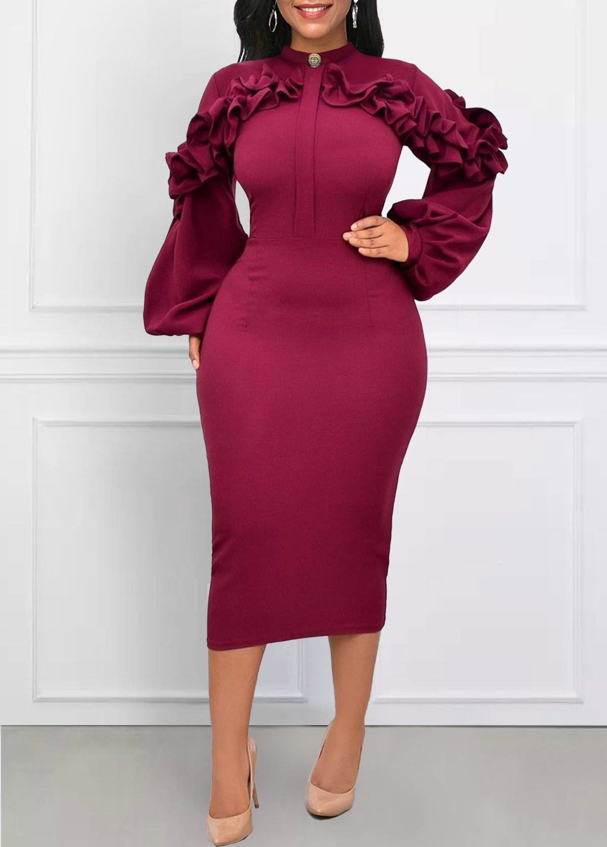 Frill Stand Collar Wine Red Bodycon Dress
