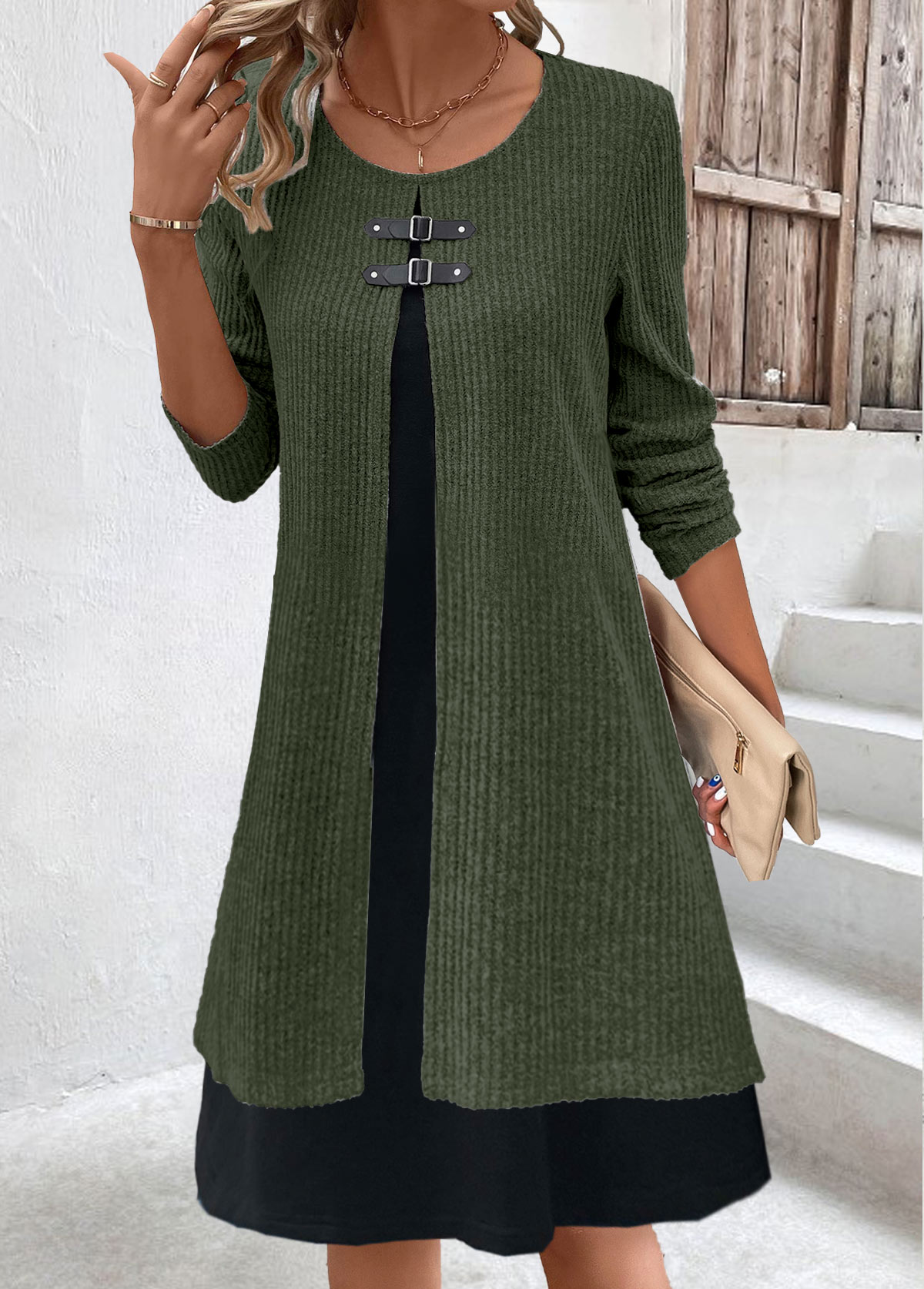 A Line Fake 2in1 Olive Green Dress