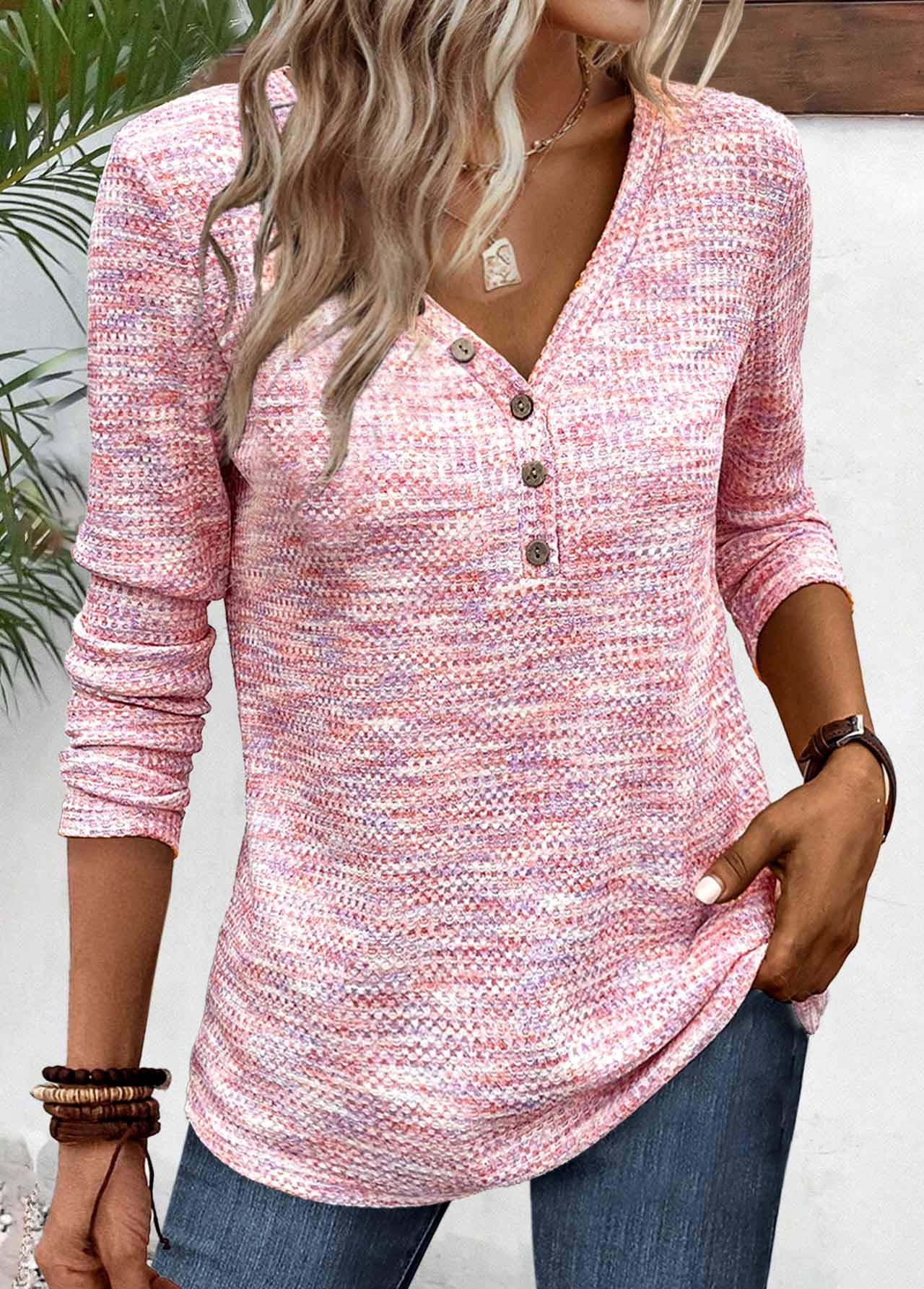 Plus Size Light Pink Button Long Sleeve T Shirt