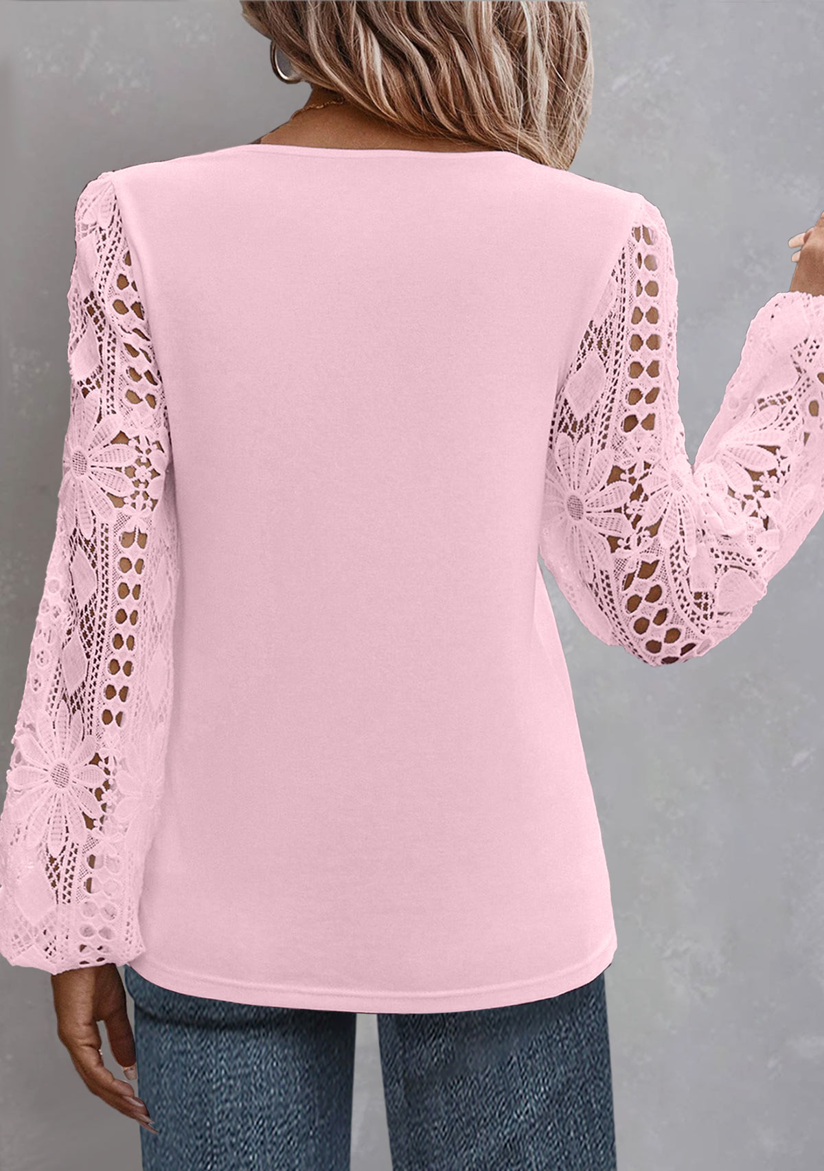 Lace Light Pink Long Sleeve Asymmetrical Neck Blouse