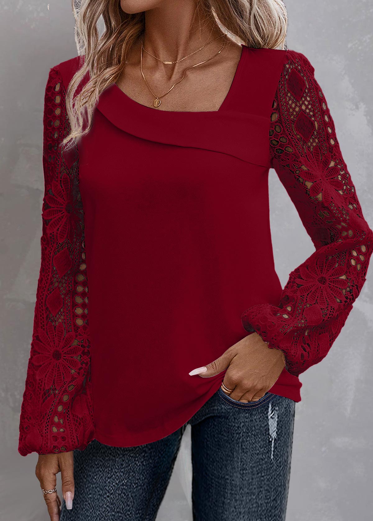 Plus Size Wine Red Lace Long Sleeve Blouse