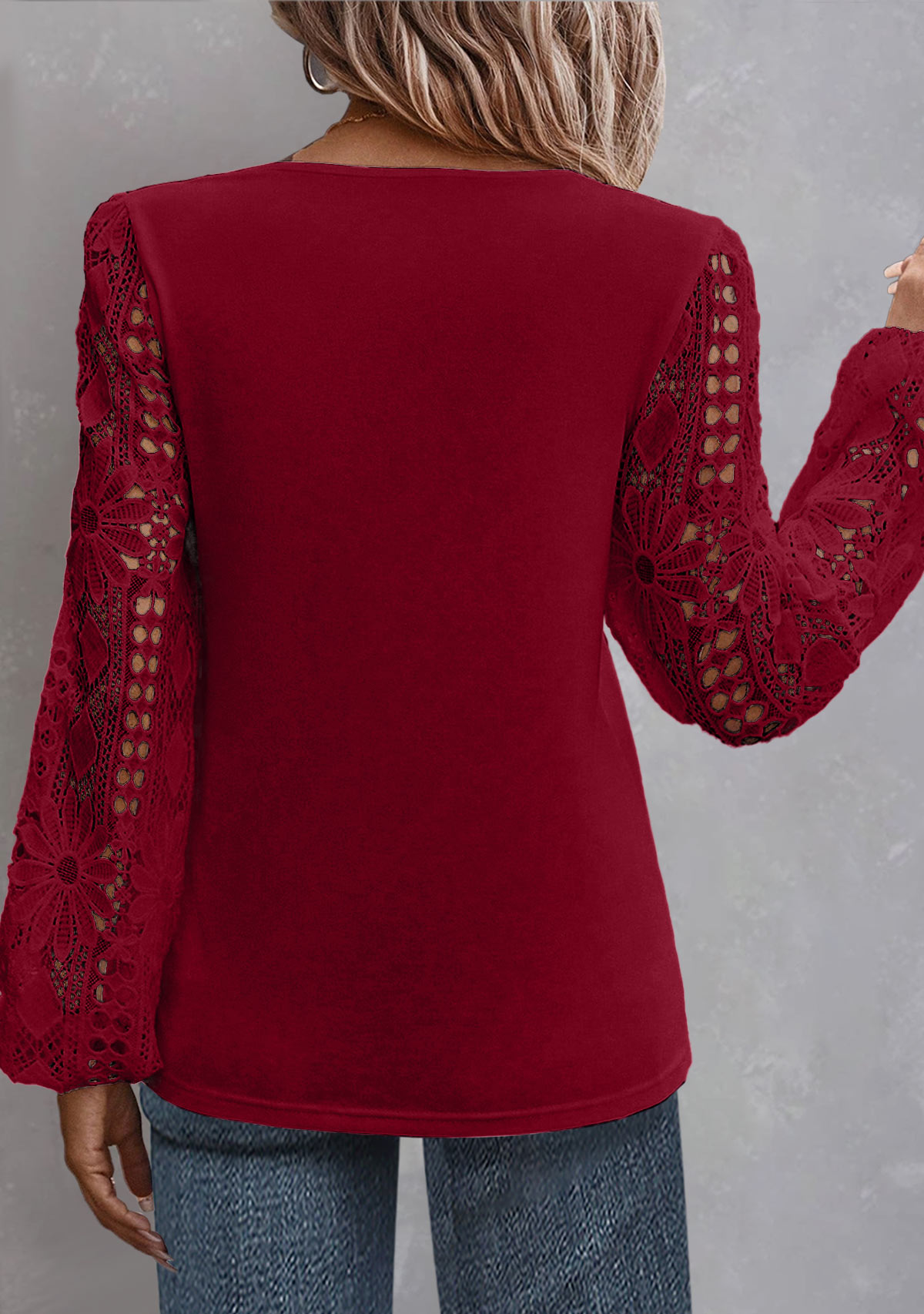 Plus Size Wine Red Lace Long Sleeve Blouse