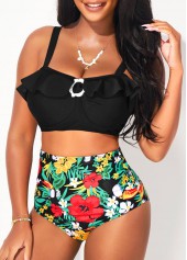 Flounce Floral Print High Waist Decorative Ring Bikini Set