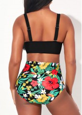 Flounce Floral Print High Waist Decorative Ring Bikini Set