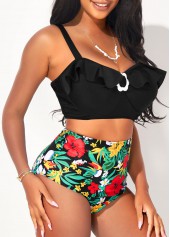 Flounce Floral Print High Waist Decorative Ring Bikini Set