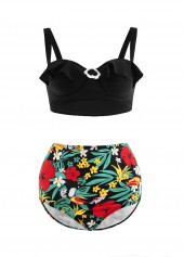 Flounce Floral Print High Waist Decorative Ring Bikini Set