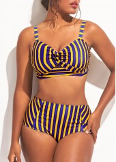 High Waist Cross Front Cutout Striped Bikini Set